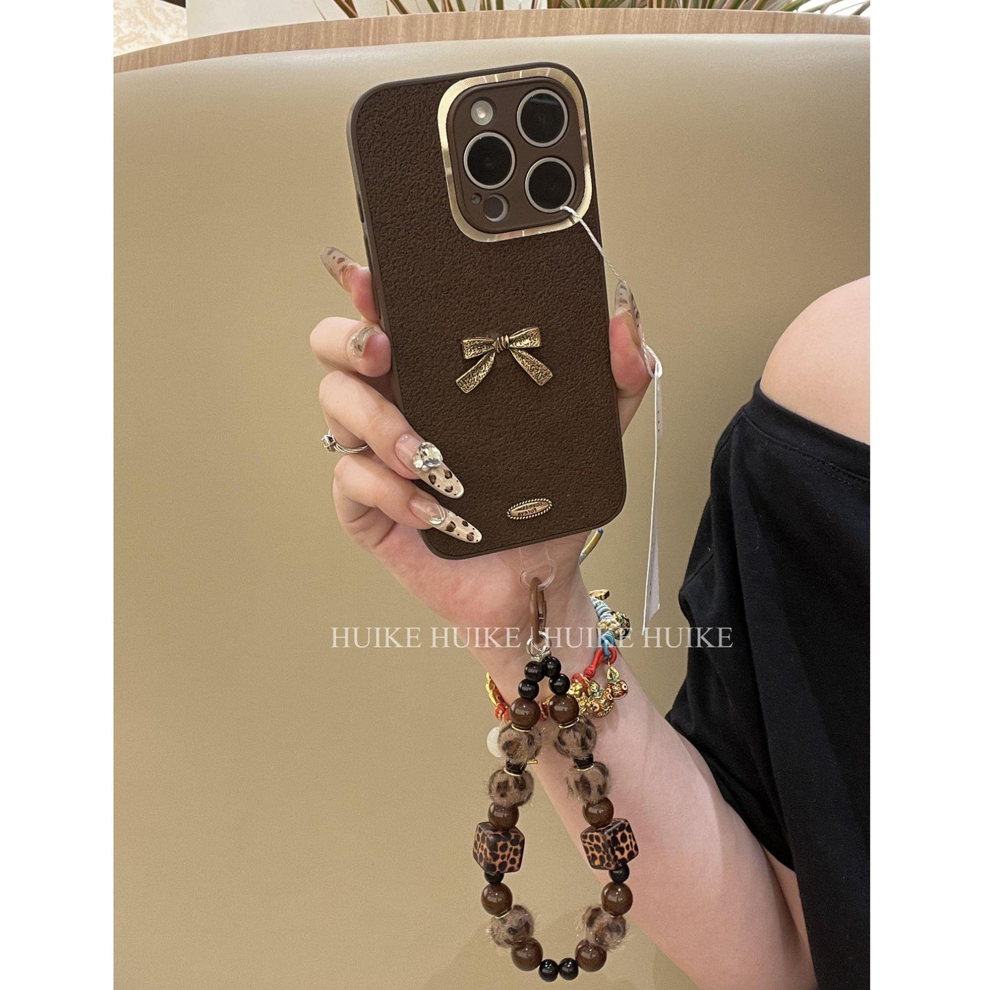 Brown Retro Bow Phone Case with Phone Charm Strap,Compatible for iphone 17