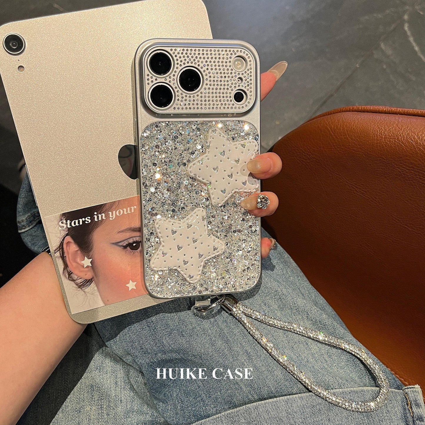 Sliver Gliter Hanfmade Star Phone Case with Phone Charm Strap,Compatible for iphone 17
