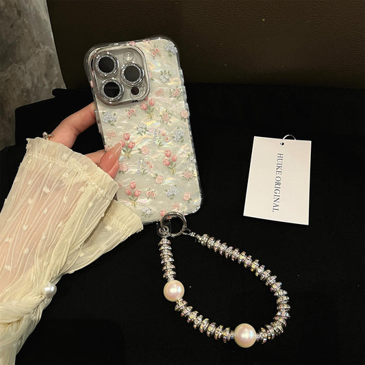PINK ROSES Pearly Transparent Phone Case with Phone Charm Strap