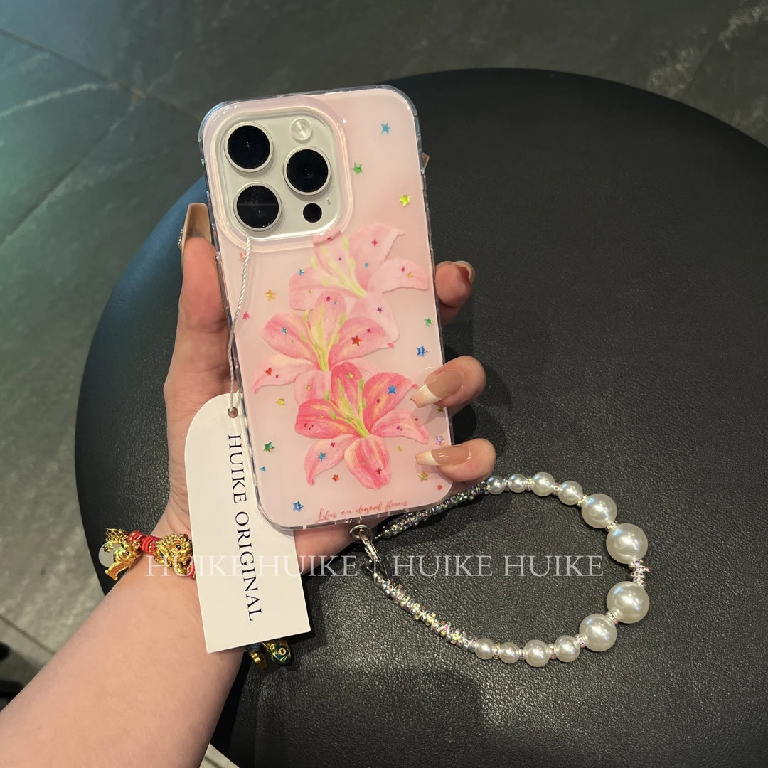 Pink Lily Star Transparent  Phone Case with Phone Charm Strap
