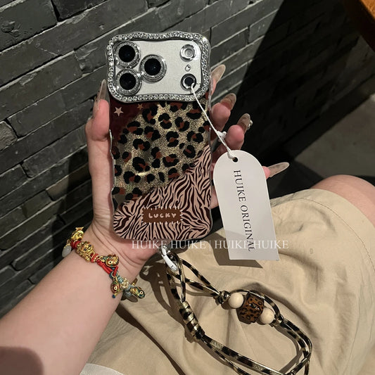 Leopard Zebra Star Combination Phone Case with Phone Charm Strap,Compatible for iphone 17