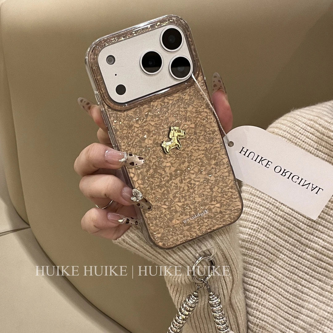 Shiny Red Mable Gold Horse Phone Case with Phone Charm Strap,Compatible for iphone 17