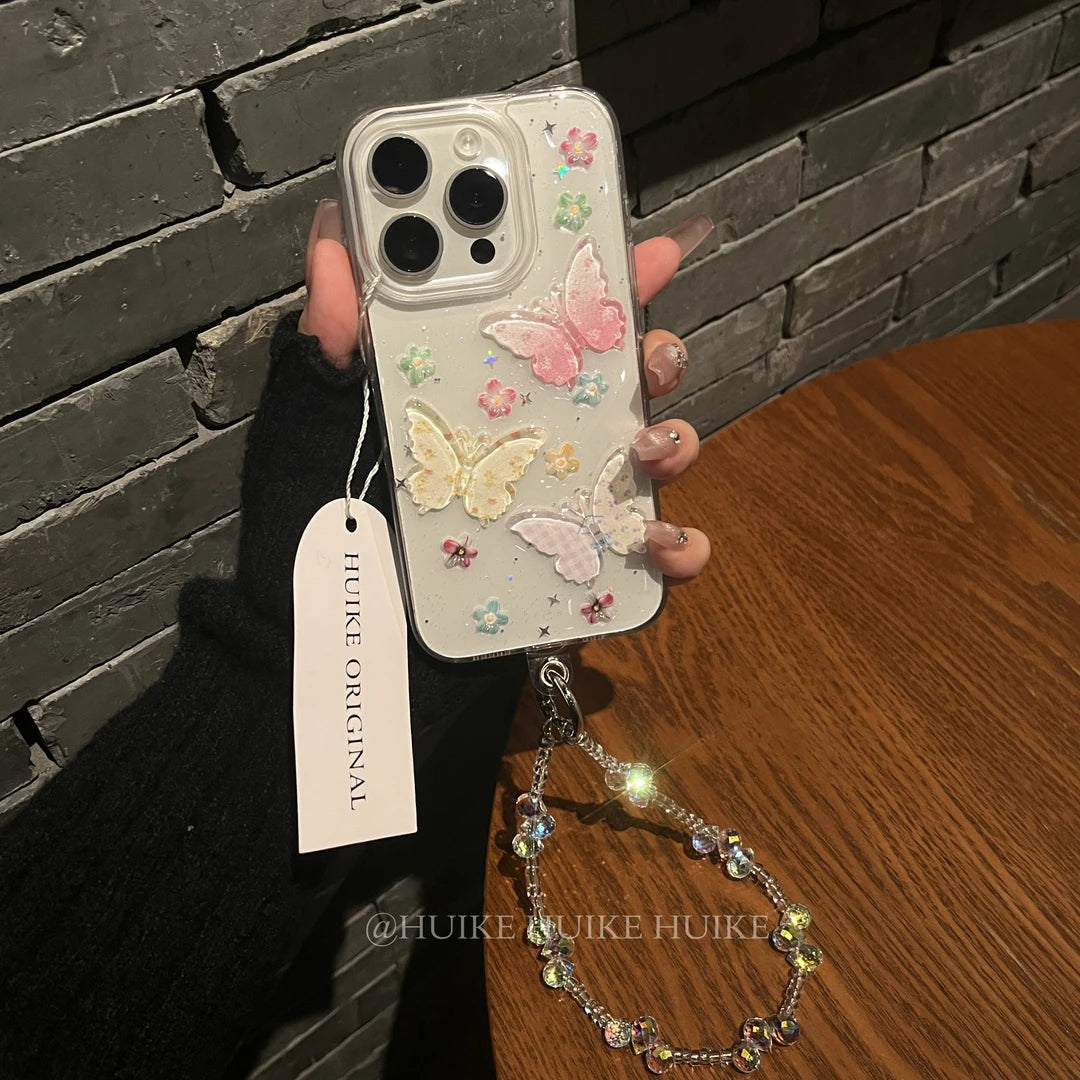 HANDMADE COLORFUL BUTTERFLY Transparent  Phone Case with Phone Charm Strap