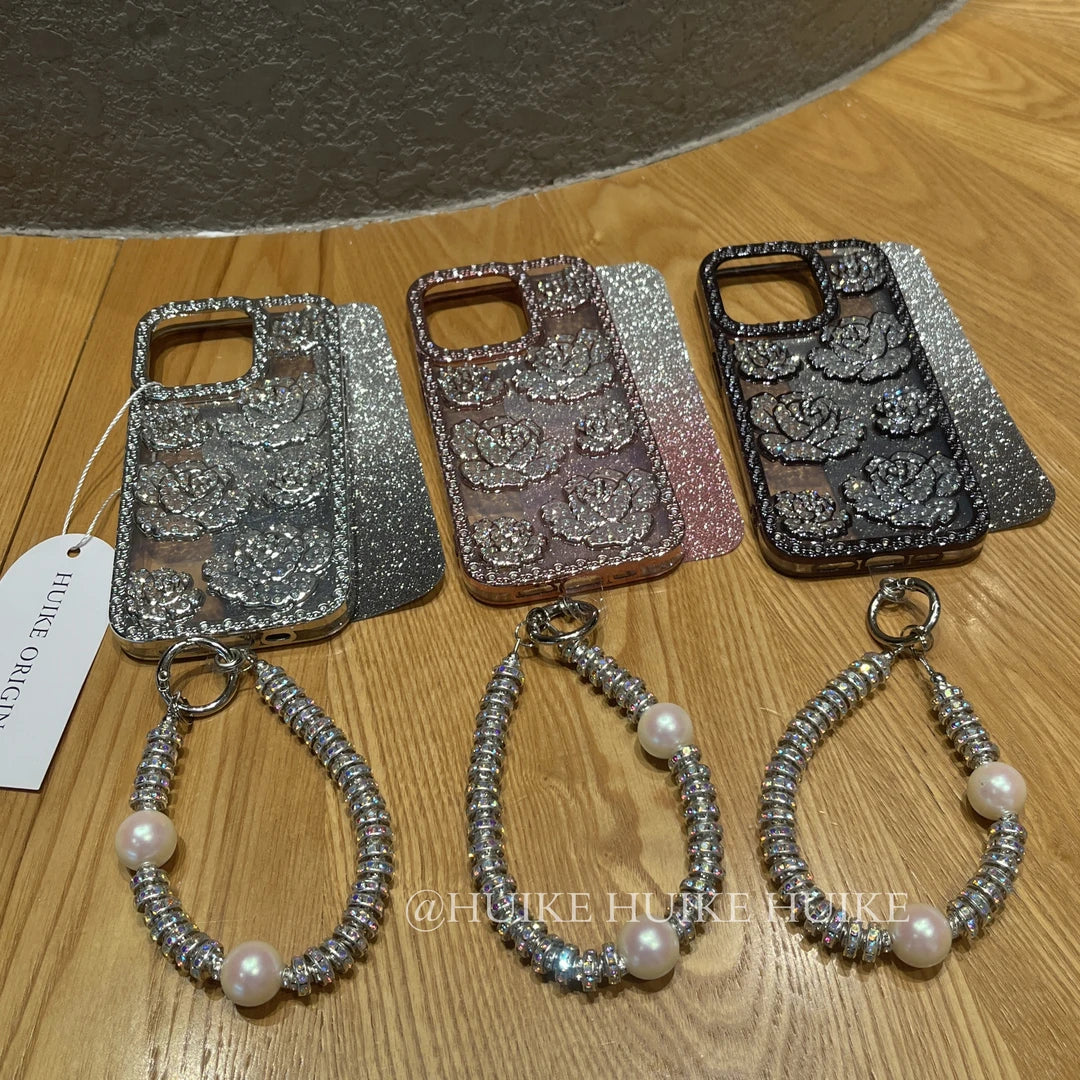 SPARKLING DIAMOND ROSE Gradient Phone Case with Phone Charm Strap