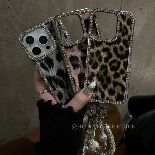LEOPARD PRINT Sparkling Diamond  Phone Case with Phone Charm Strap