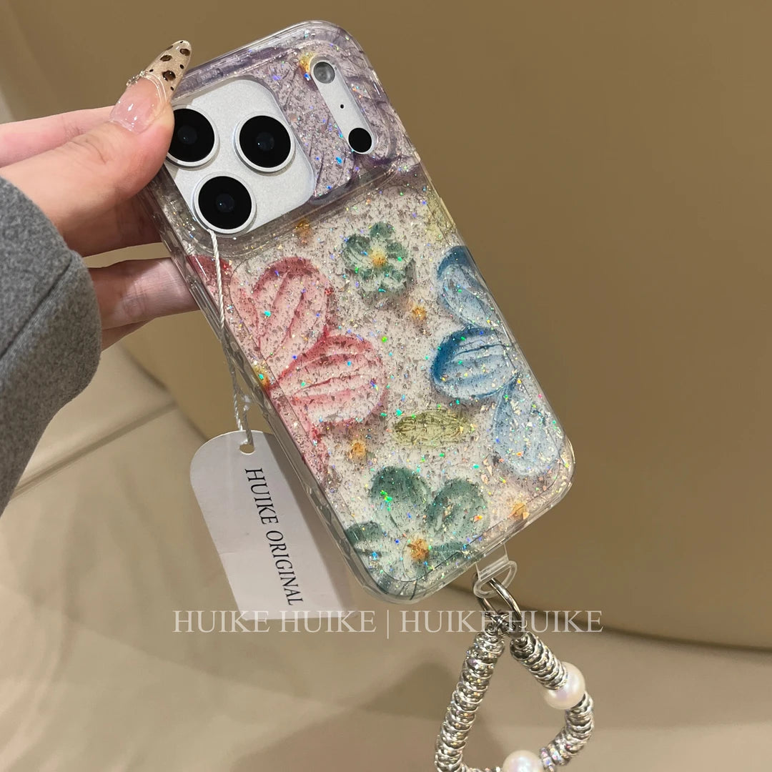Gliter Colorful Flower Phone Case with Phone Charm Strap,Compatible for iphone 17