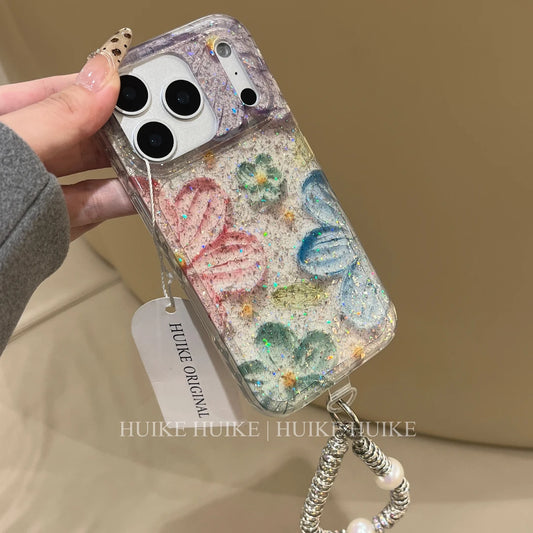 Gliter Colorful Flower Phone Case with Phone Charm Strap,Compatible for iphone 17
