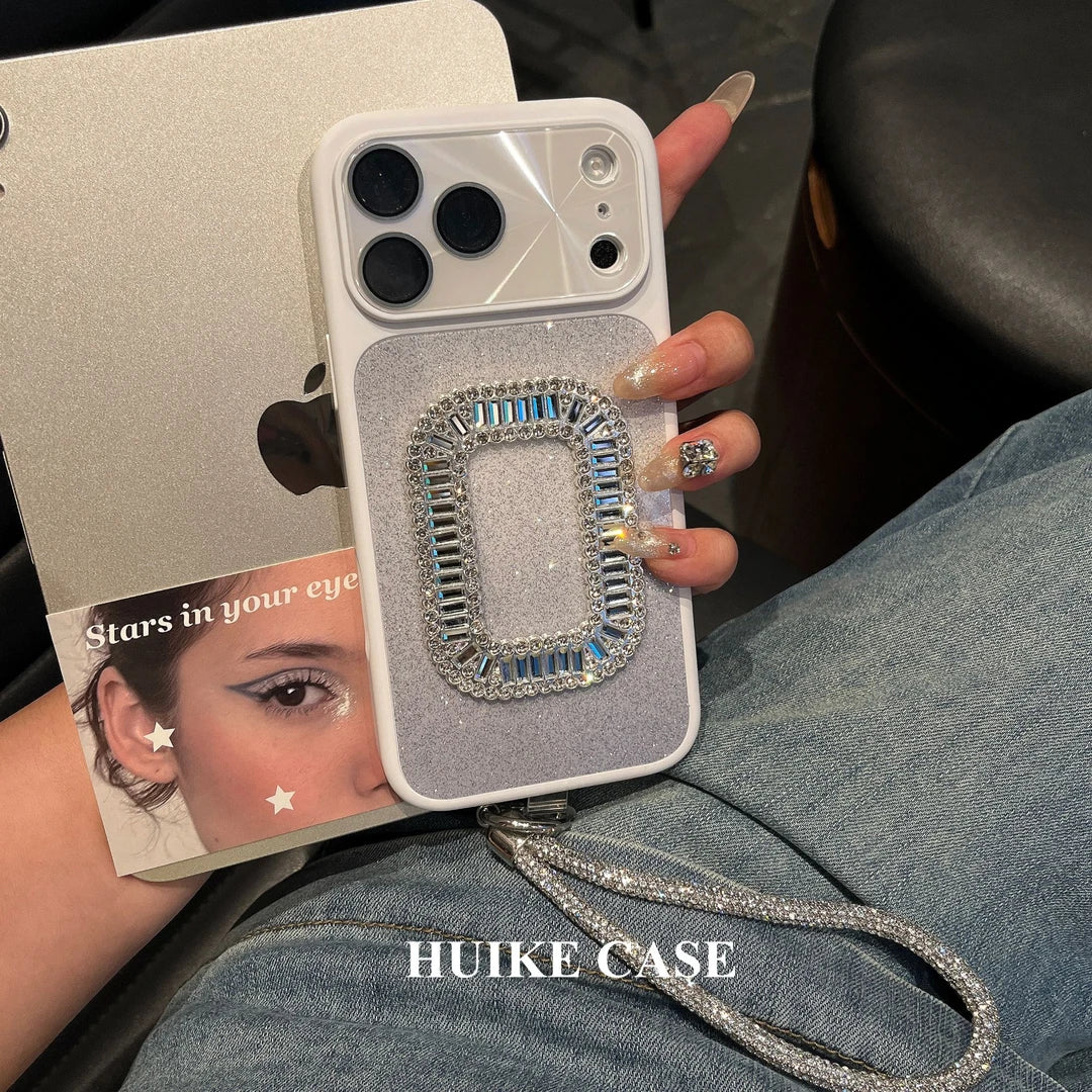 Shiny Gliter Square Diamond Phone Case with Phone Charm Strap,Compatible for iphone 17