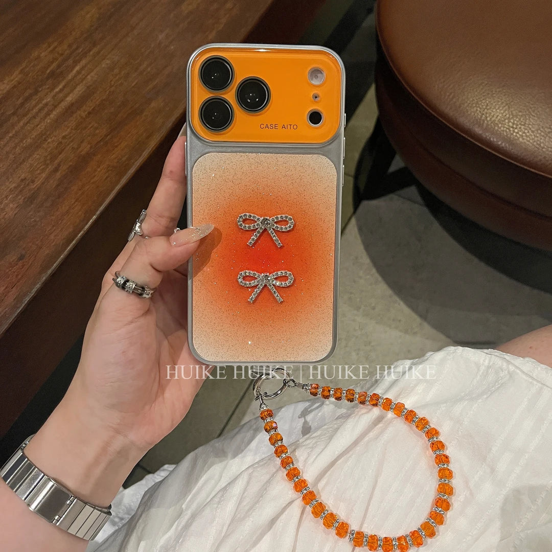 Shiny Gliter Bow Phone Case with Phone Charm Strap,Compatible for iphone 17