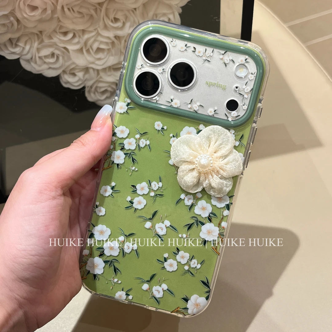 Green Handmade Camellia Flowers Phone Case with Phone Charm Strap,Compatible for iphone 17