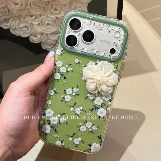 Green Handmade Camellia Flowers Phone Case with Phone Charm Strap,Compatible for iphone 17