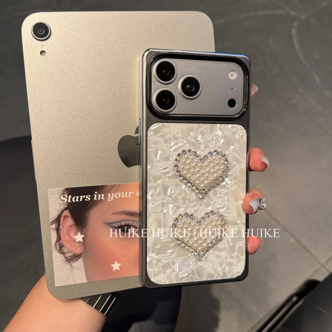 Pearl Heart Marble Pattern Square Phone Case with Phone Charm Strap,Compatible for iphone 17