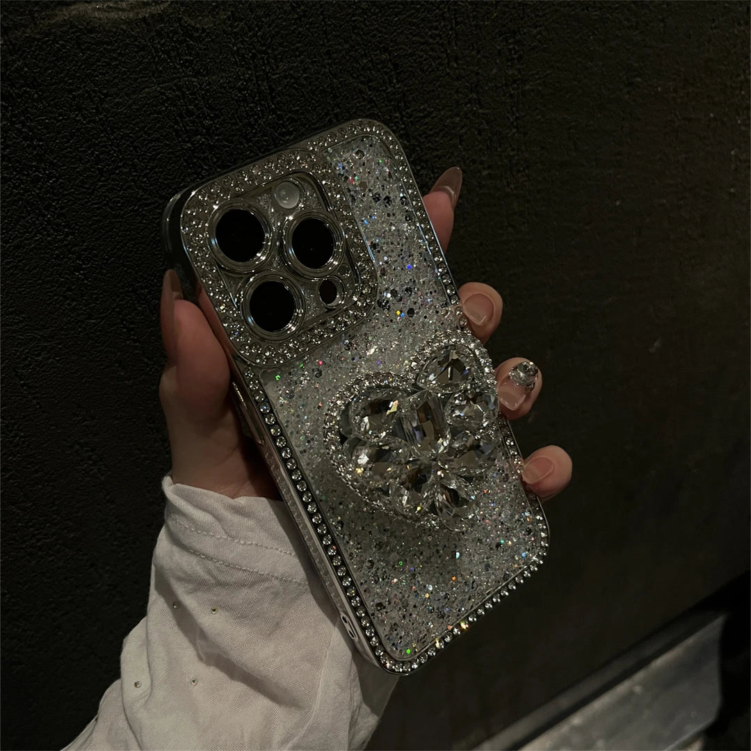 RHINESTONE HEART SHAPED Bracket Phone Case with Phone Charm Strap