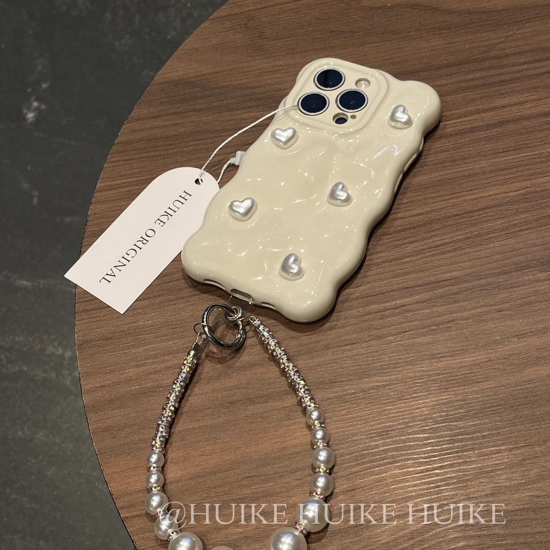 Pearl Heart Phone Case with Phone Charm Strap,Compatible for iphone 17