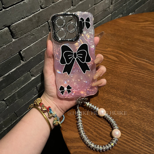BLACK BOW Pink Shell Pattern phone case with Phone Charm Strap