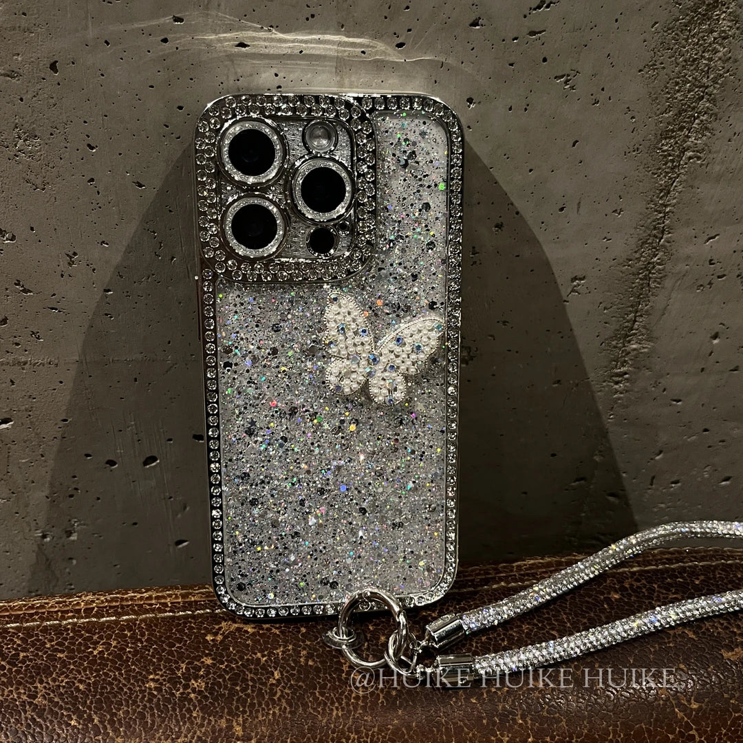 GLITTER BUTTERFLY Shining Phone Case with Phone Charm Strap