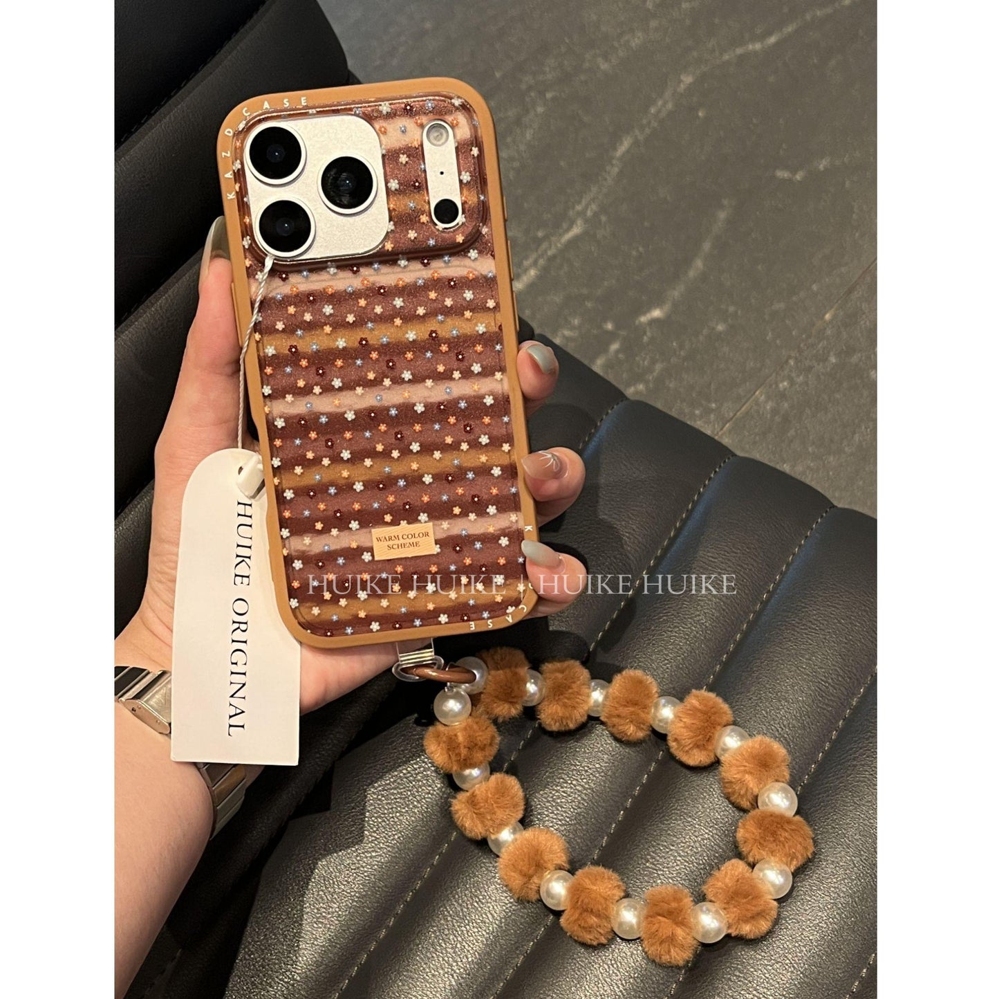 Autumn And Winter Brown Little Floral Phone Case with Phone Charm Strap,Compatible for iphone 17