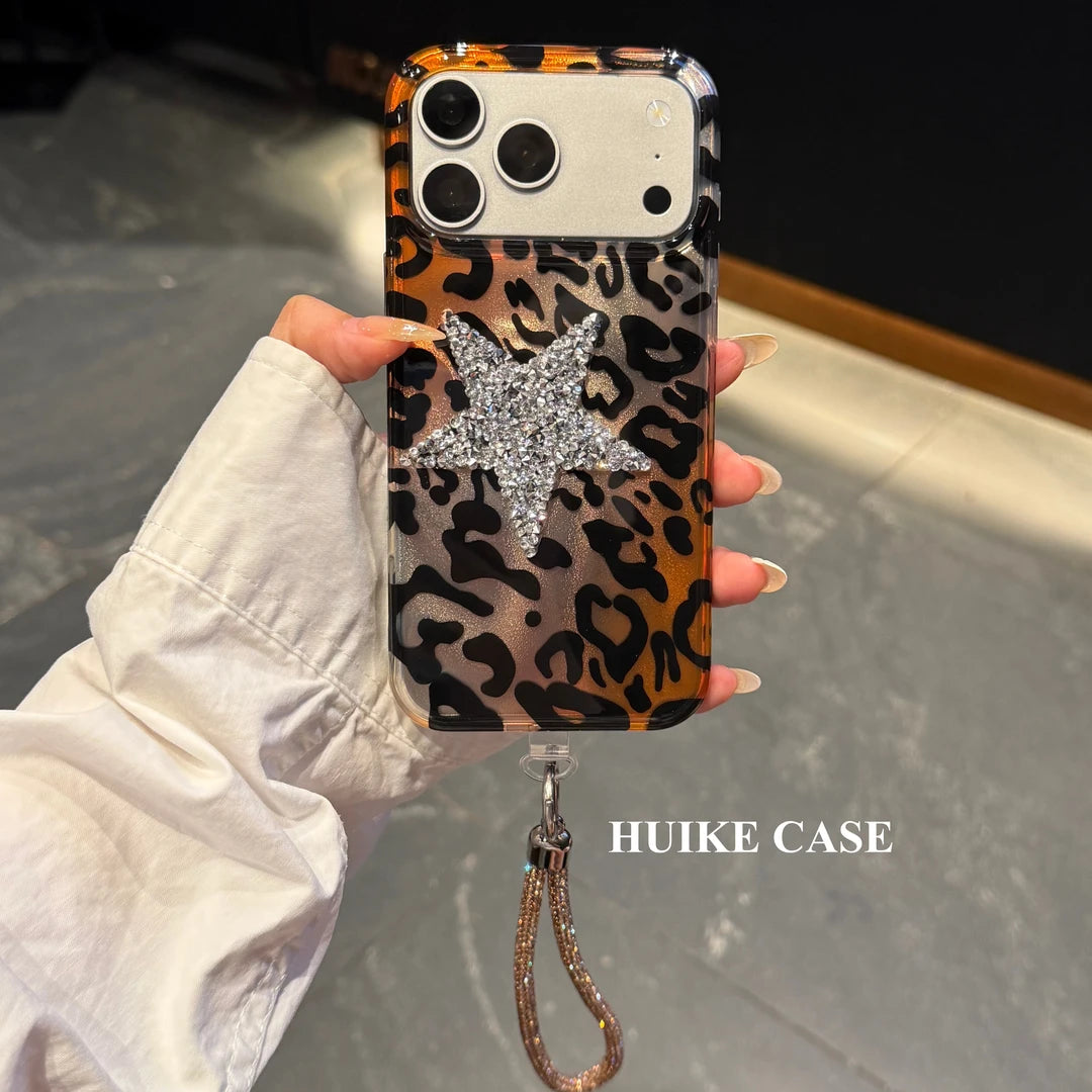 Advanced Leopard Print Match Big Shiny Star  Phone Case with Phone Charm Strap,Compatible for iphone 17