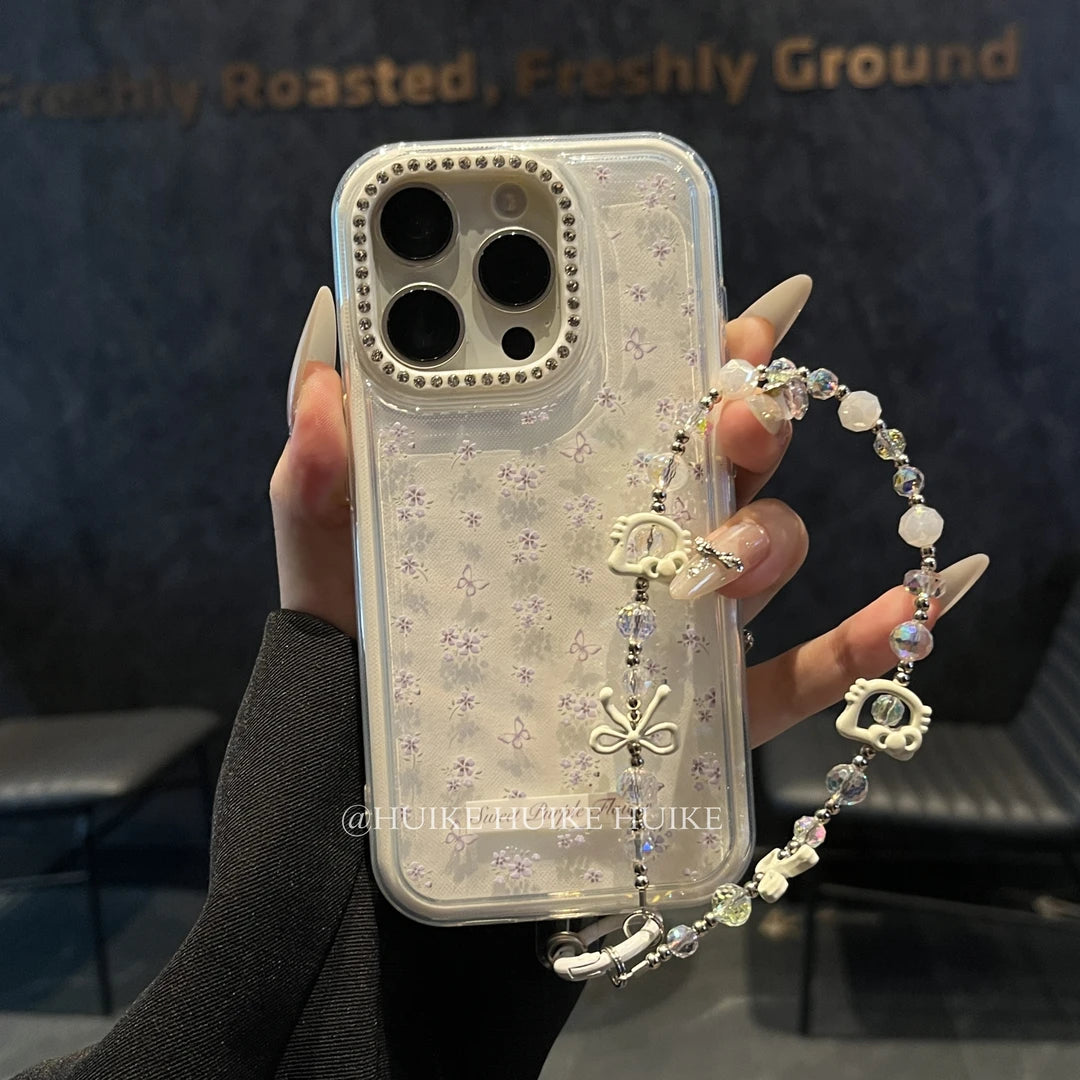 SUMMER FRESH Purple Flower White phone case with Phone Charm Strap
