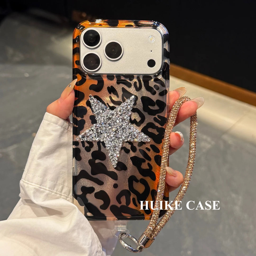 Advanced Leopard Print Match Big Shiny Star  Phone Case with Phone Charm Strap,Compatible for iphone 17