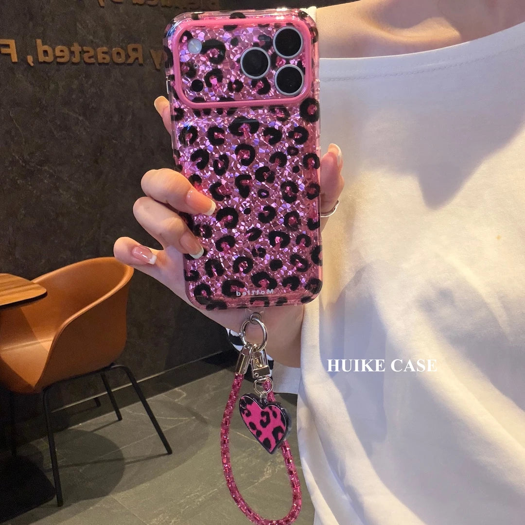 Glitter Leopard Phone Case with Phone Charm Strap,Compatible for iphone 18 /18 pro/18 pro max
