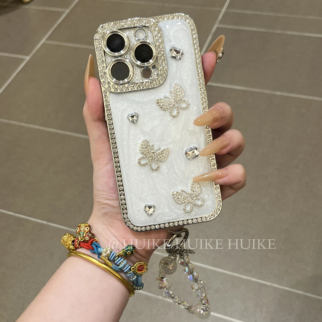 Handmade butterfly Sparkling Diamond Phone Case with Phone Charm Strap