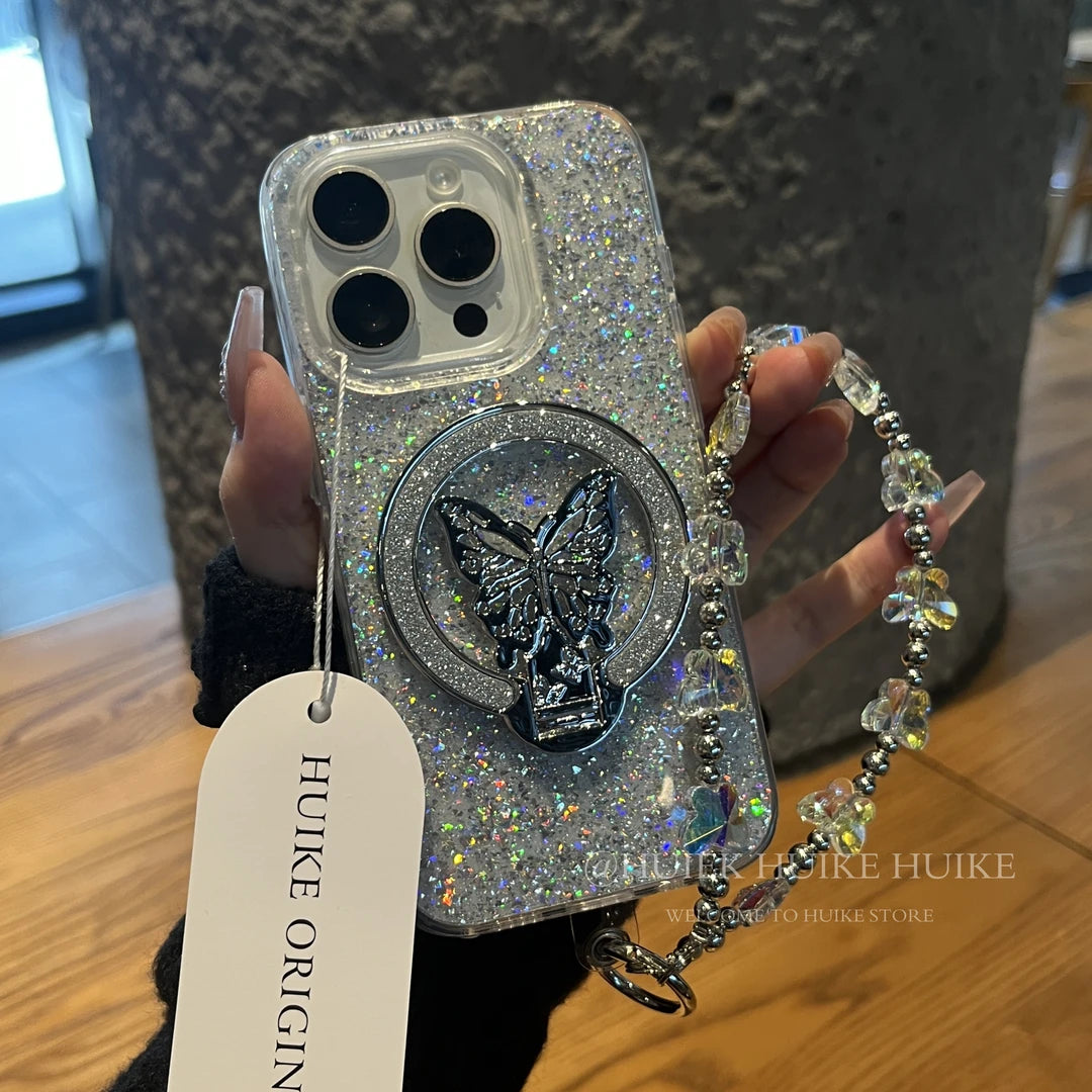 BUTTERFLY GLITTER Bracket Phone Case with Phone Charm Strap
