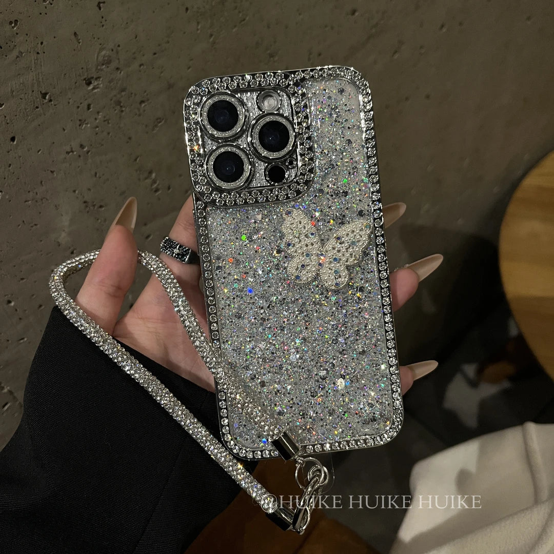 GLITTER BUTTERFLY Shining Phone Case with Phone Charm Strap
