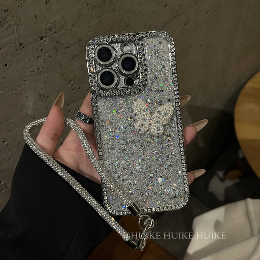 GLITTER BUTTERFLY Shining Phone Case with Phone Charm Strap