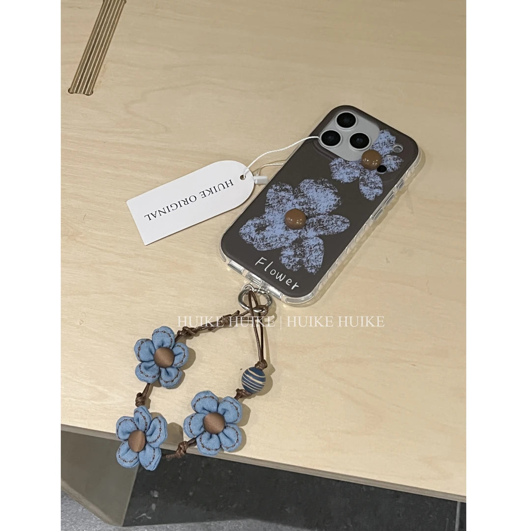 Blue Flower Phone Case with Phone Charm Strap,Compatible for iphone 17