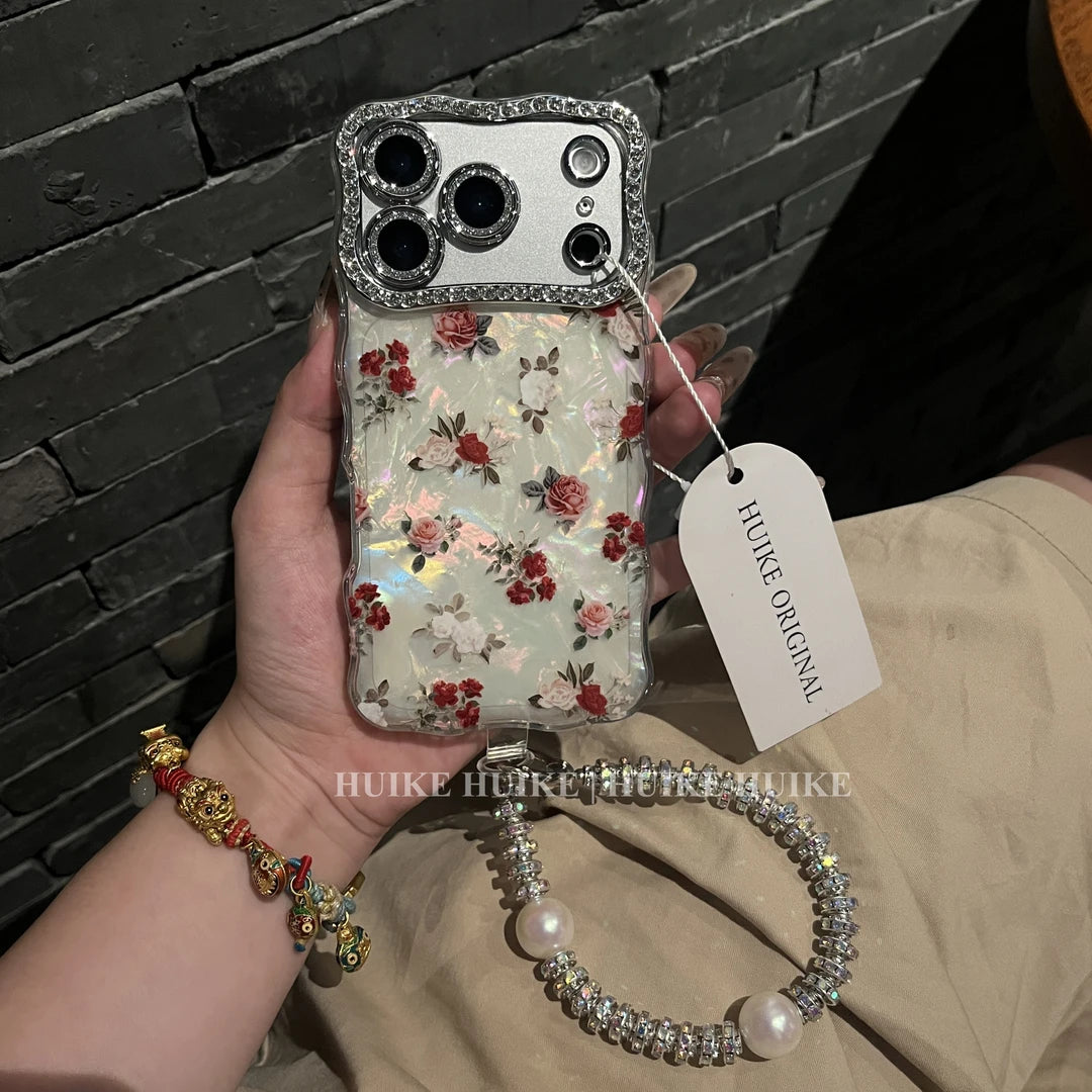 RED ROSES Pearly Transparent Phone Case with Phone Charm Strap,Compatible for iphone 17