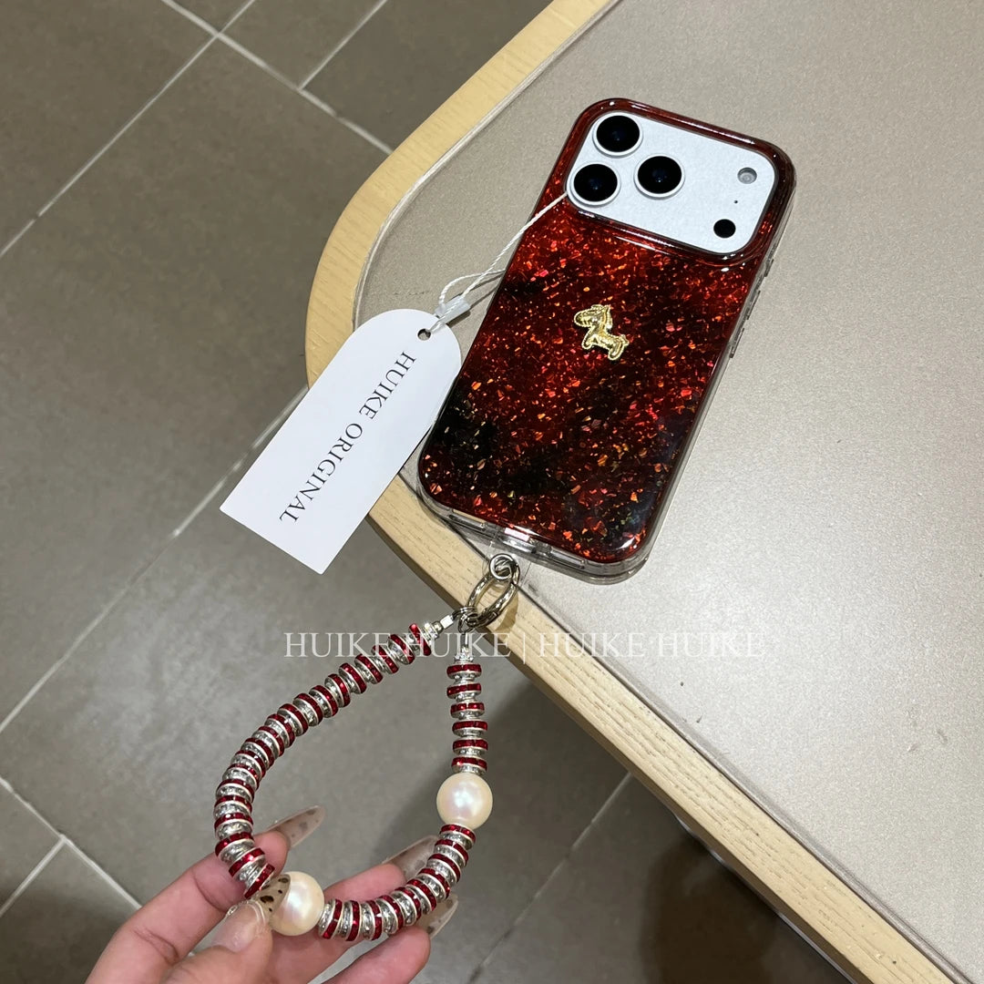Shiny Red Mable Gold Horse Phone Case with Phone Charm Strap,Compatible for iphone 17