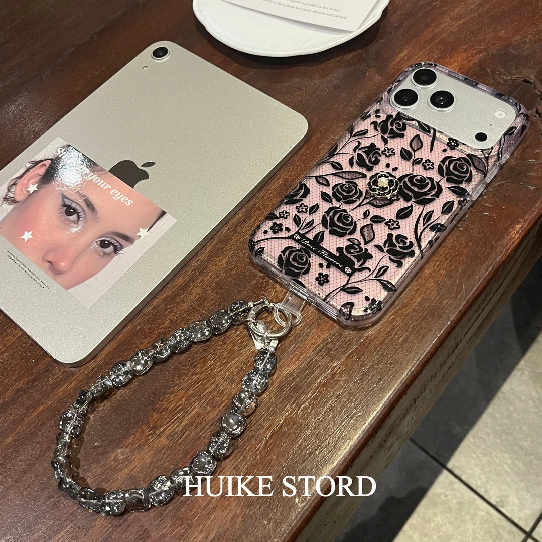 Black Camellia Phone Case with Phone Charm Strap,Compatible for iphone 17