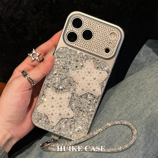 Sliver Gliter Hanfmade Star Phone Case with Phone Charm Strap,Compatible for iphone 17