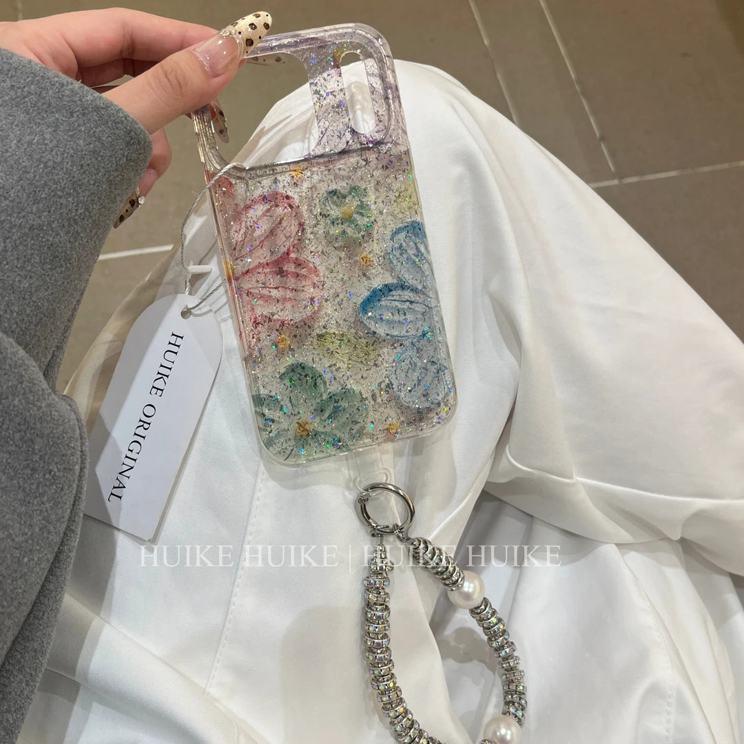 Gliter Colorful Flower Phone Case with Phone Charm Strap,Compatible for iphone 17