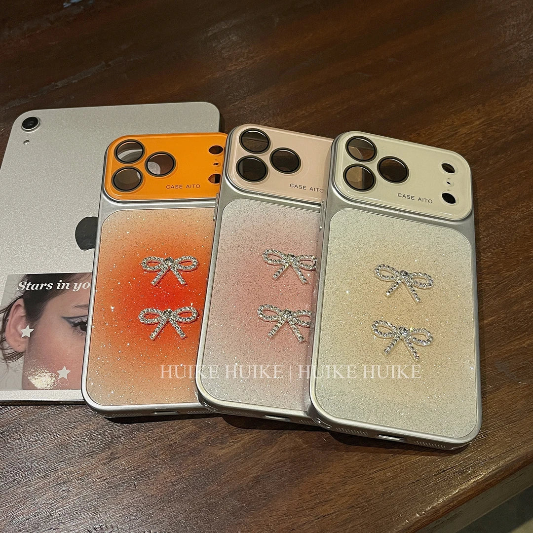 Shiny Gliter Bow Phone Case with Phone Charm Strap,Compatible for iphone 17