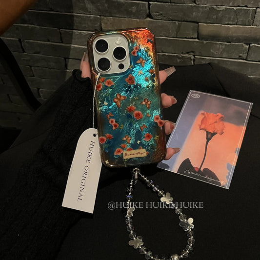 VINTAGE Blue Oil Painting Flower &Butterfly Phone Case with Phone Charm Strap