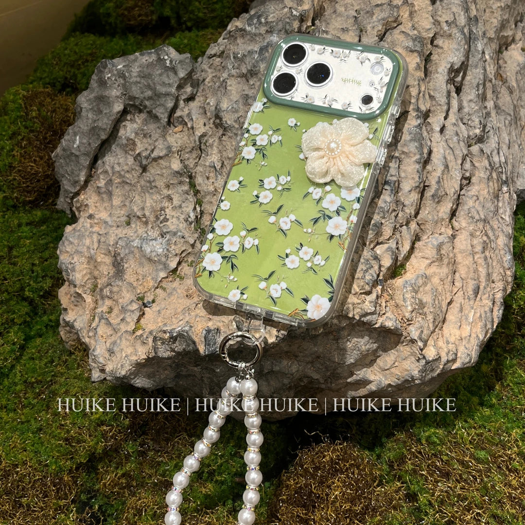 Green Handmade Camellia Flowers Phone Case with Phone Charm Strap,Compatible for iphone 17