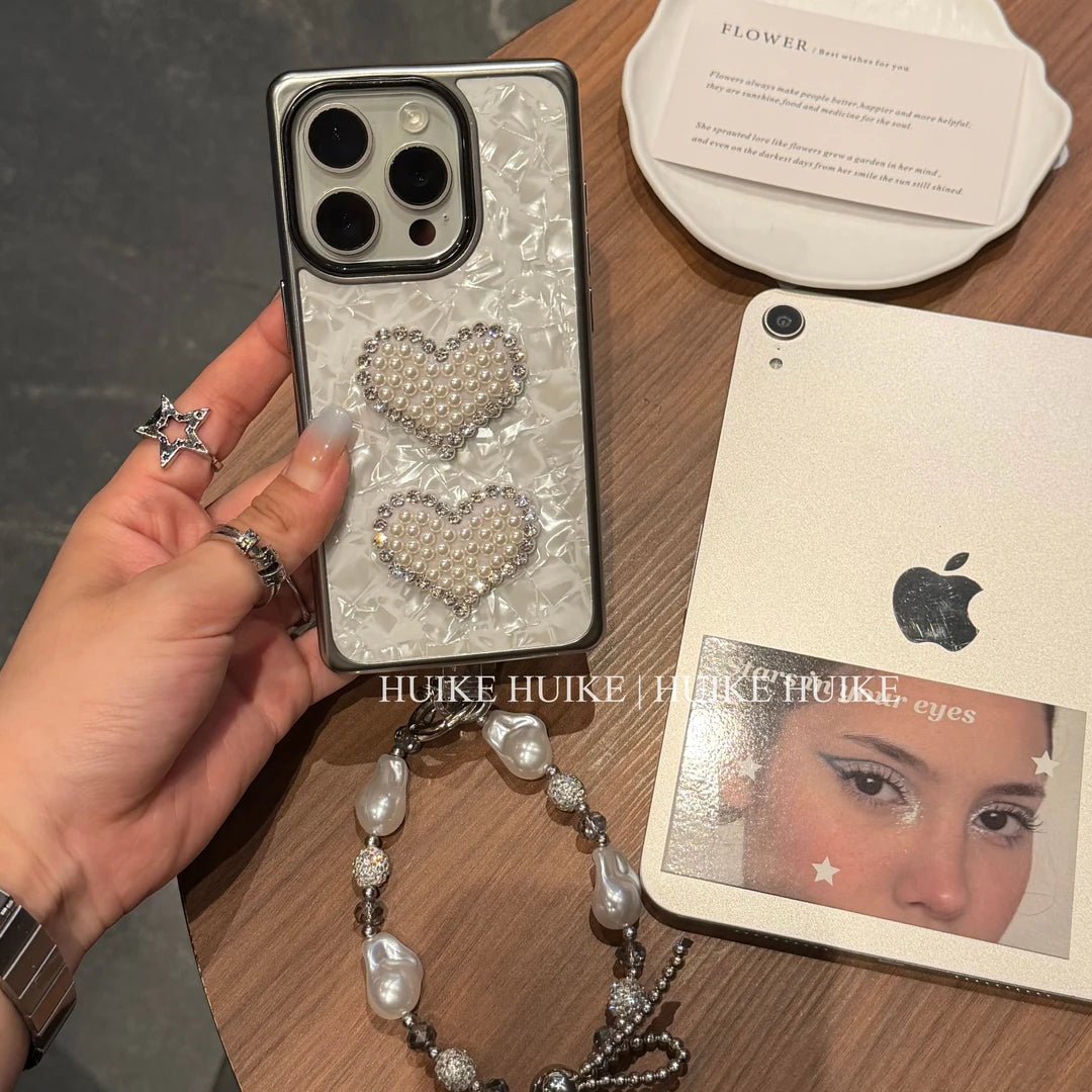Pearl Heart Marble Pattern Square Phone Case with Phone Charm Strap,Compatible for iphone 17