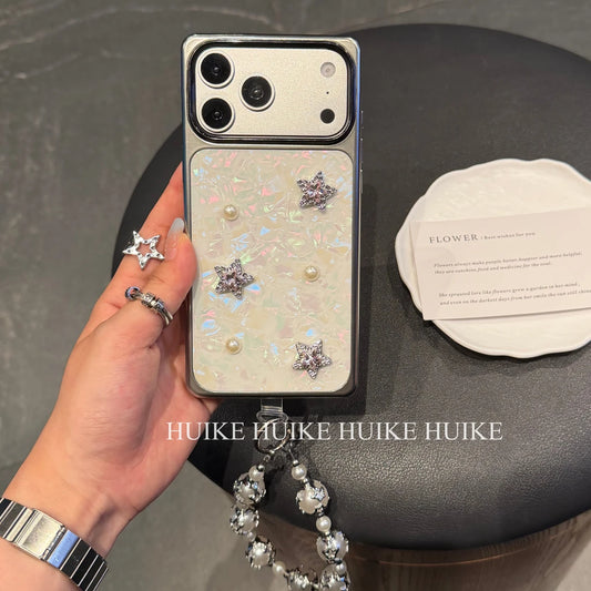 Star Marble Pattern Square Phone Case with Phone Charm Strap,Compatible for iphone 17