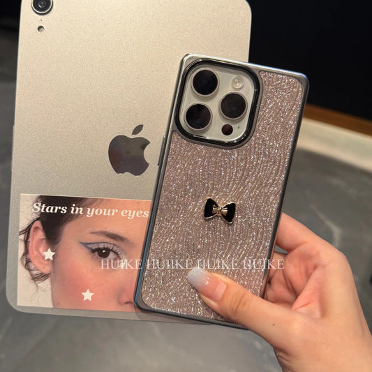Bow Sparkling wave patterned square  Phone Case with Phone Charm Strap,Compatible for iphone 17