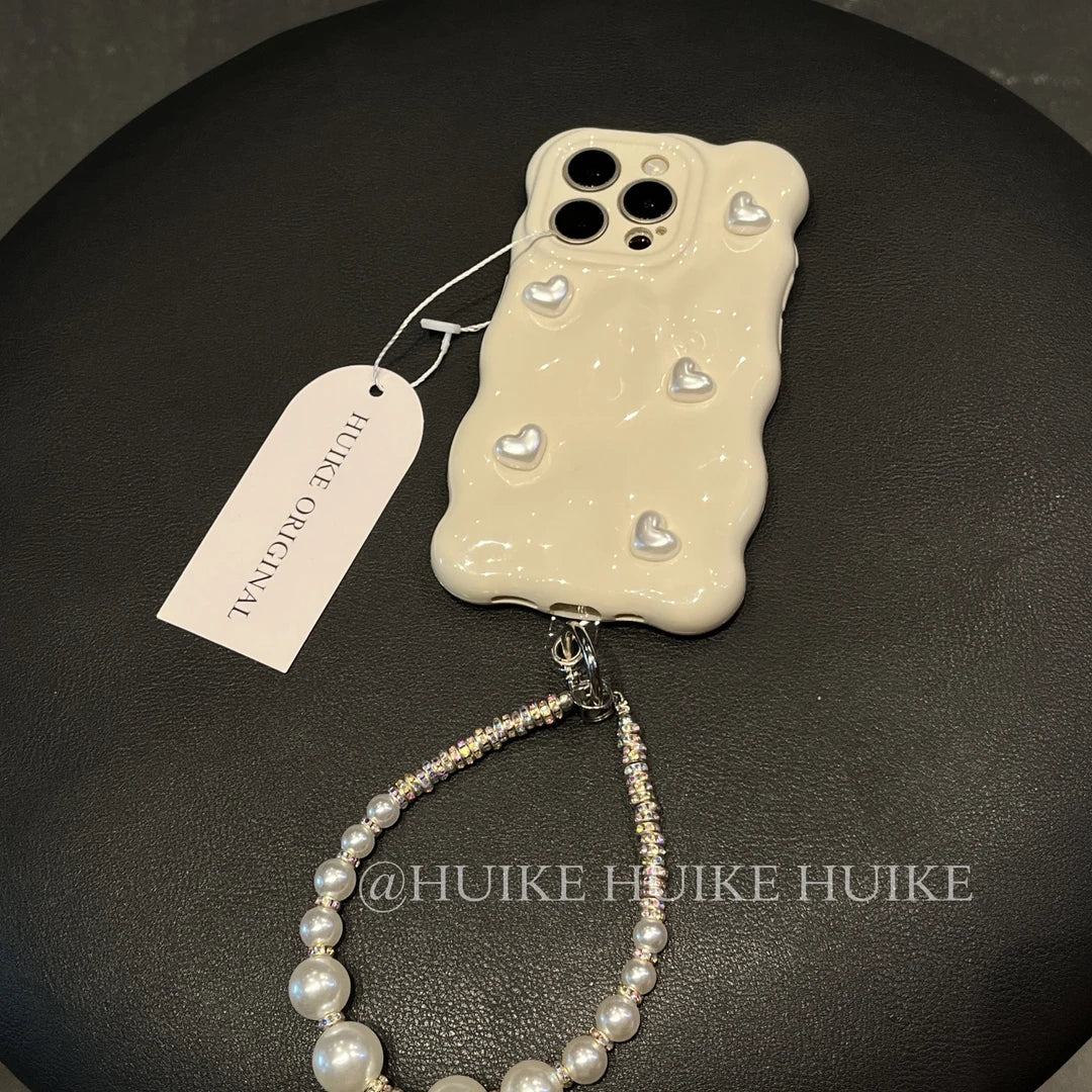 Pearl Heart Phone Case with Phone Charm Strap,Compatible for iphone 17
