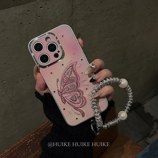 HANDMADE PINK EMBROIDERED Half Butterfly Phone Case with Phone Charm Strap