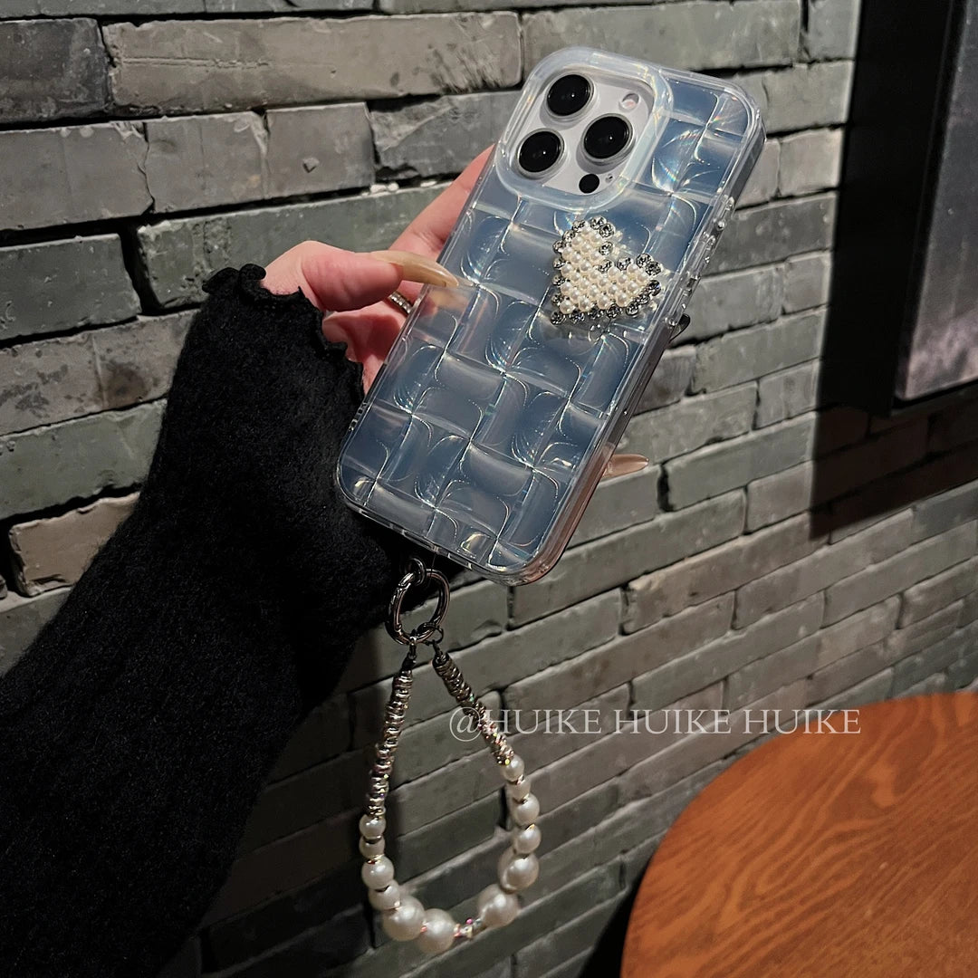 PEARL HEART Slivery Laser phone case with Phone Charm Strap