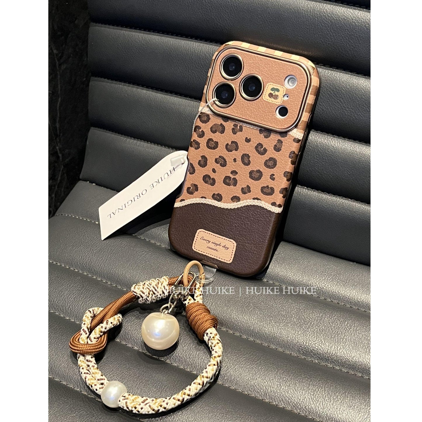 Leather Leopard Print Cherry Phone Case with Phone Charm Strap,Compatible for iphone 17