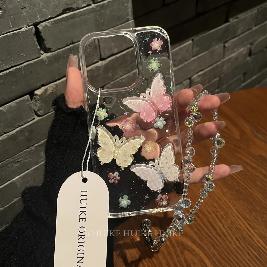 HANDMADE COLORFUL BUTTERFLY Transparent  Phone Case with Phone Charm Strap