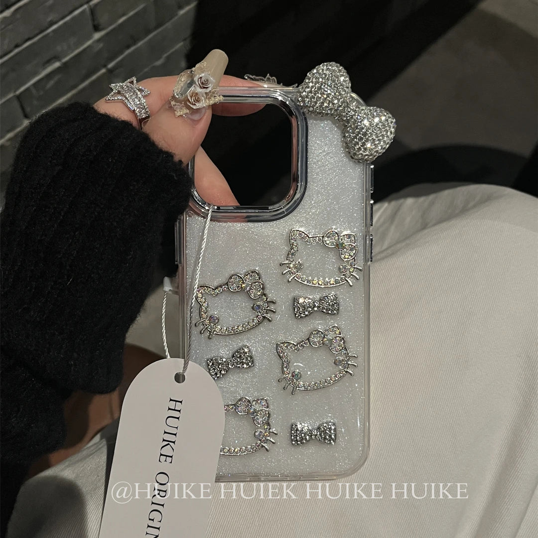 HANDMADE SILVERY KITTY CAT Sparkling Phone Case with Phone Charm Strap, Compatible for Samsung & iPhone