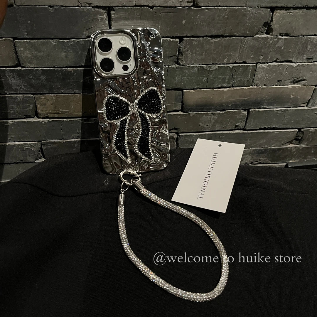 BIG BLACK BOW Shining Phone Case with Phone Charm Strap