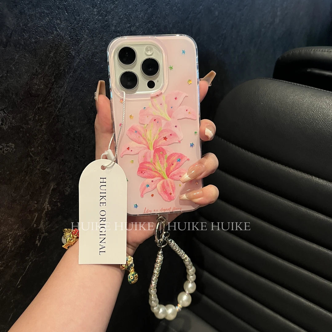 Pink Lily Star Transparent  Phone Case with Phone Charm Strap