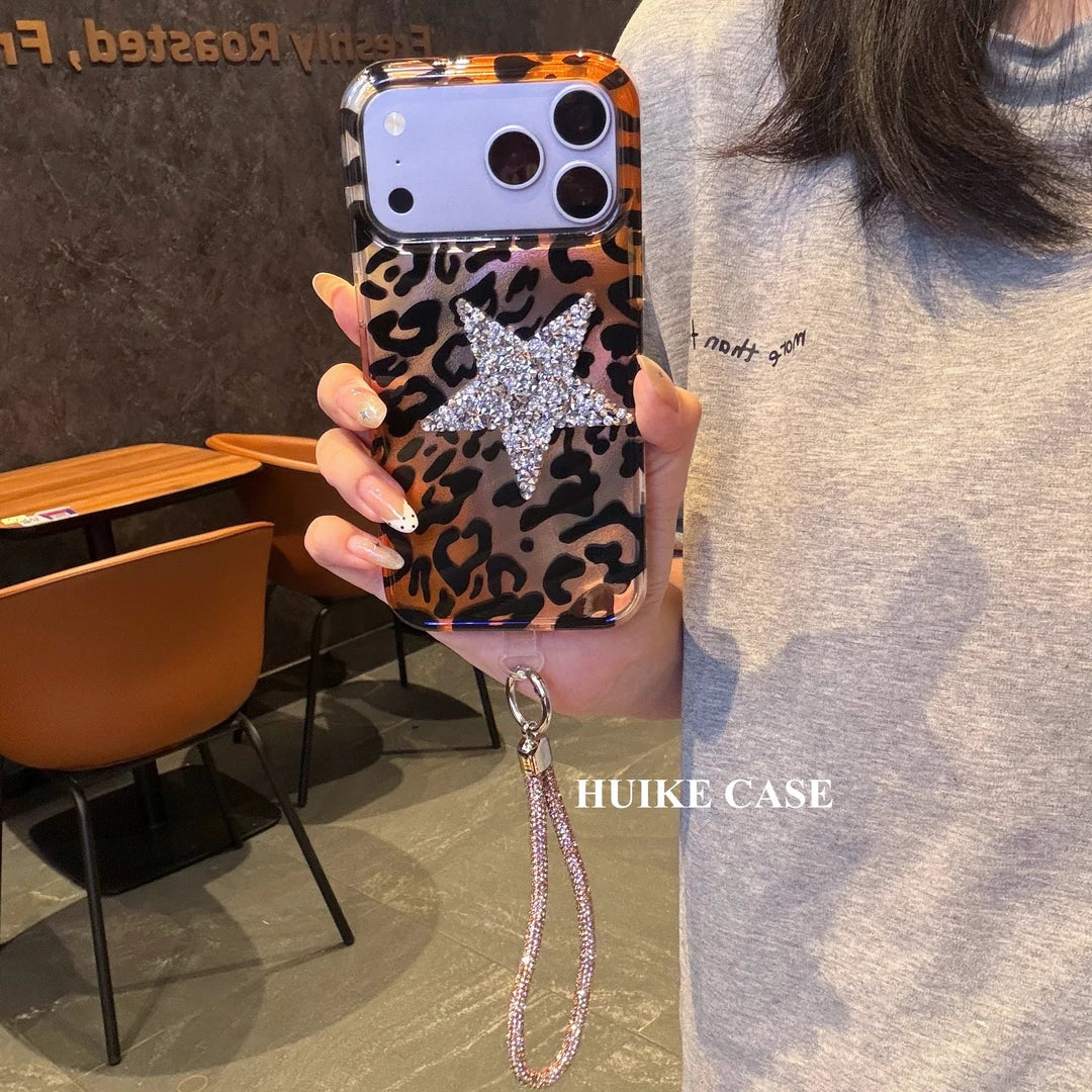 Advanced Leopard Print Match Big Shiny Star  Phone Case with Phone Charm Strap,Compatible for iphone 17